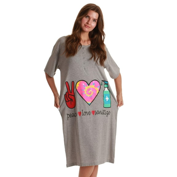 Just Love Short Sleeve Nightgown Sleep Dress for Women (Grey - Peace Love, 3X)