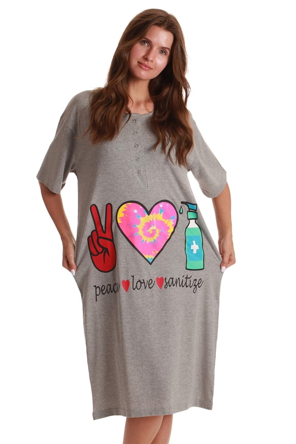 Short Sleeve Nightgown Sleep Dress for Women (Grey - Peace Love, 3X)