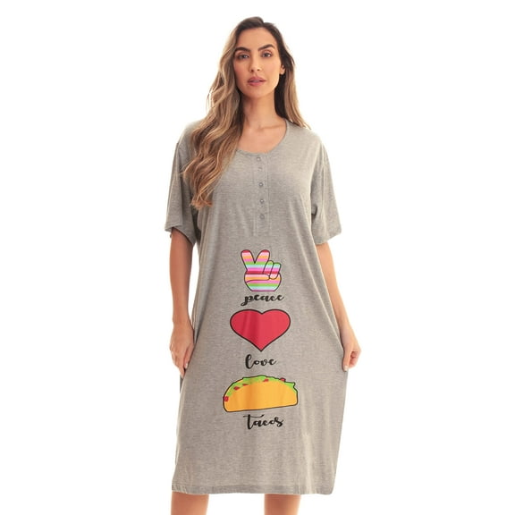 Just Love Short Sleeve Nightgown Sleep Dress for Women (Grey - Peace Love Tacos, Small)