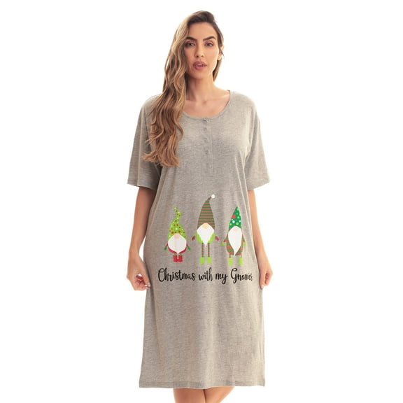 Just Love Short Sleeve Nightgown Sleep Dress for Women (Grey - Xmas with my Gnomes, 2X)