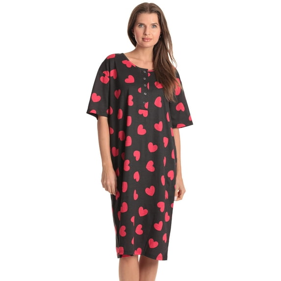 Just Love Short Sleeve Nightgown Sleep Dress for Women (Large, Black - Red Heart)