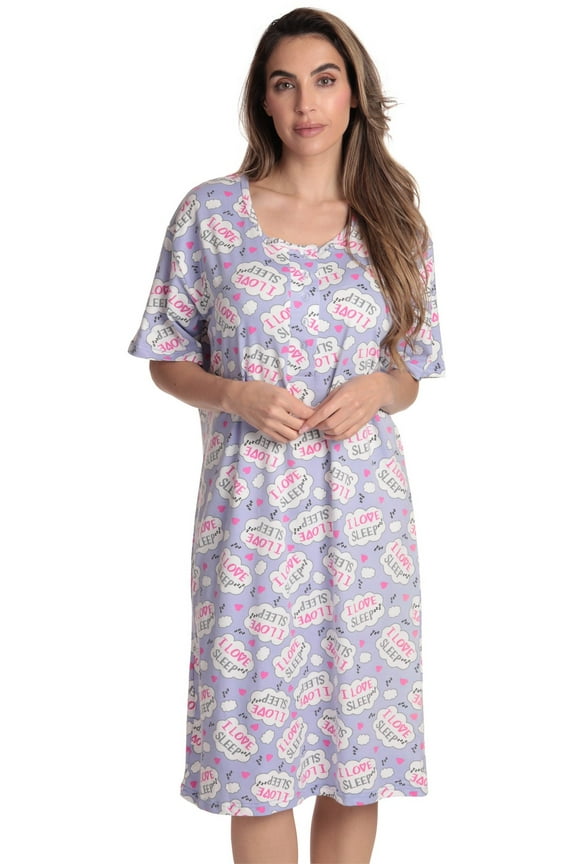 Short Sleeve Nightgown Sleep Dress for Women (Lilac - I Love Sleep, 3X)