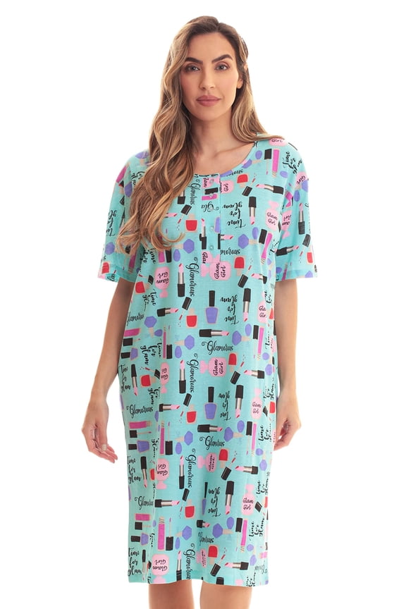 Short Sleeve Nightgown Sleep Dress for Women (Medium, Aqua - Glam It Up)