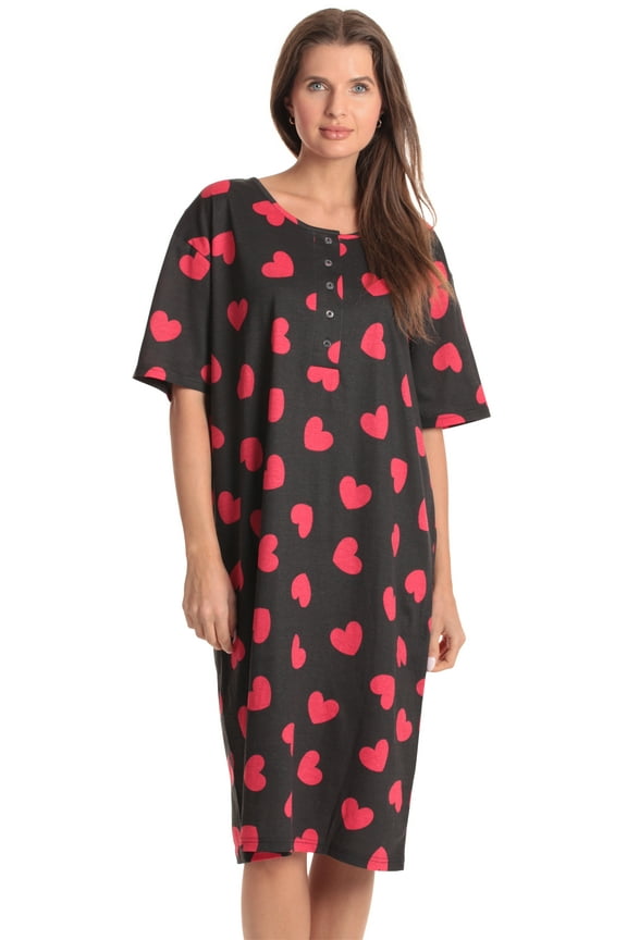 Short Sleeve Nightgown Sleep Dress for Women (Medium, Black - Red Heart)
