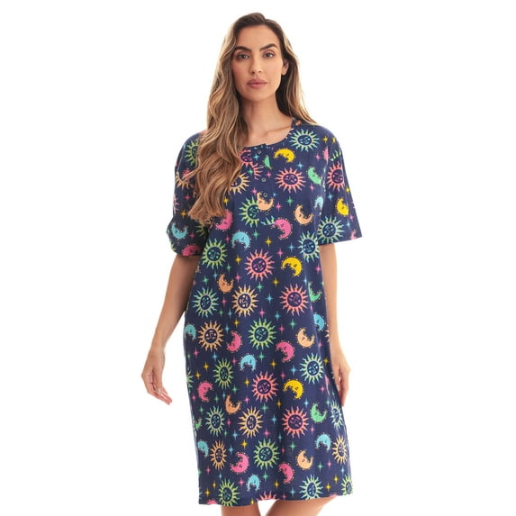 Just Love Short Sleeve Nightgown Sleep Dress for Women (Medium, Navy - Sun and Moon)