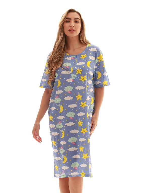 Short Sleeve Nightgown Sleep Dress for Women (Medium, Plum - Sleepy Celestial)