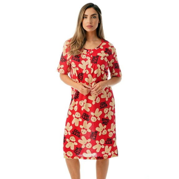 Just Love Short Sleeve Nightgown Sleep Dress for Women (Red - Bite Me Gingerbread Man, 2X)
