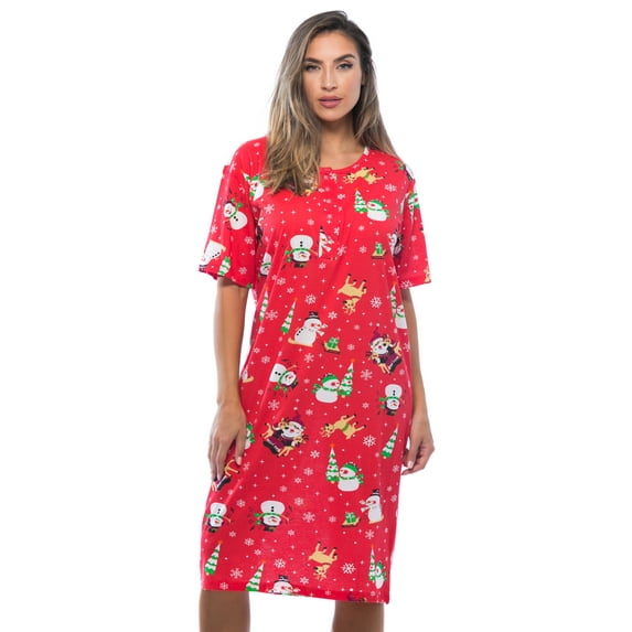 Just Love Short Sleeve Nightgown Sleep Dress for Women (Red - Holiday Friends, Large)