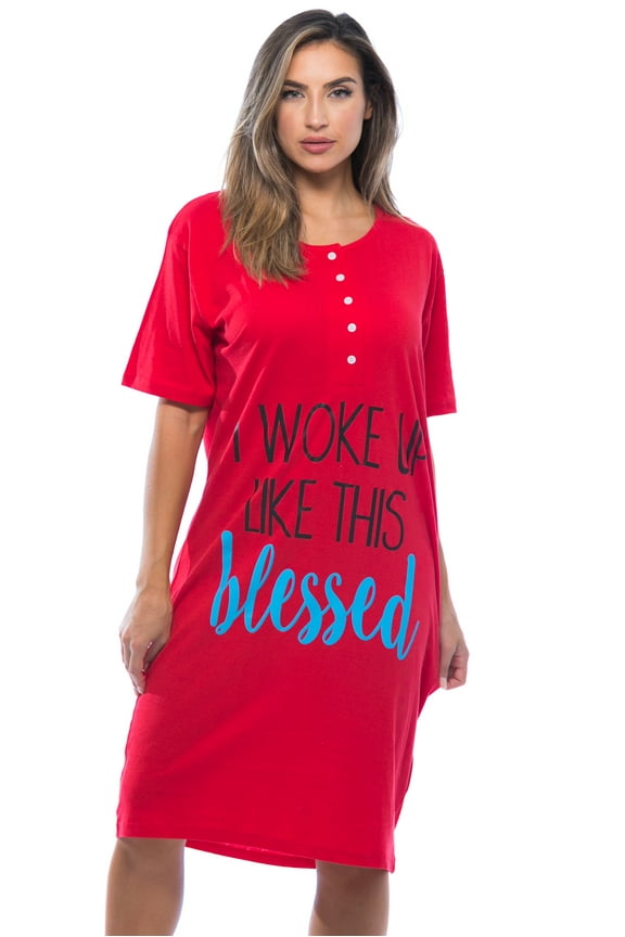 Short Sleeve Nightgown Sleep Dress for Women (Red - I Woke Up Like This, 3X)