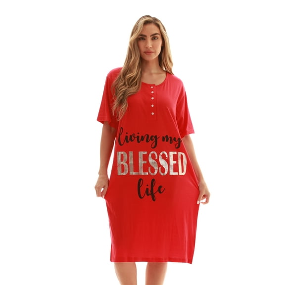 Just Love Short Sleeve Nightgown Sleep Dress for Women (Red - Living My Blessed Life, 2X)