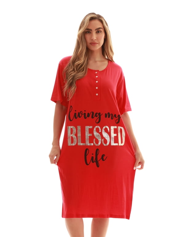 Short Sleeve Nightgown Sleep Dress for Women (Red - Living My Blessed Life, 2X)