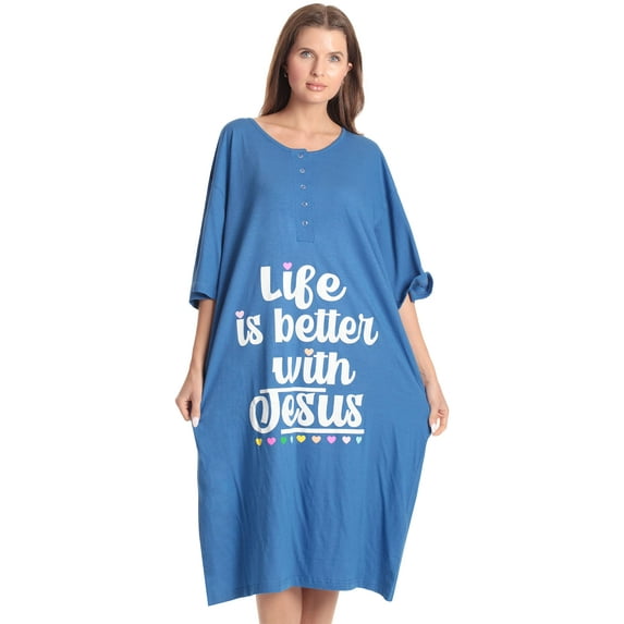 Just Love Short Sleeve Nightgown Sleep Dress for Women (Royal - Life Is Better With Jesus, 3X)