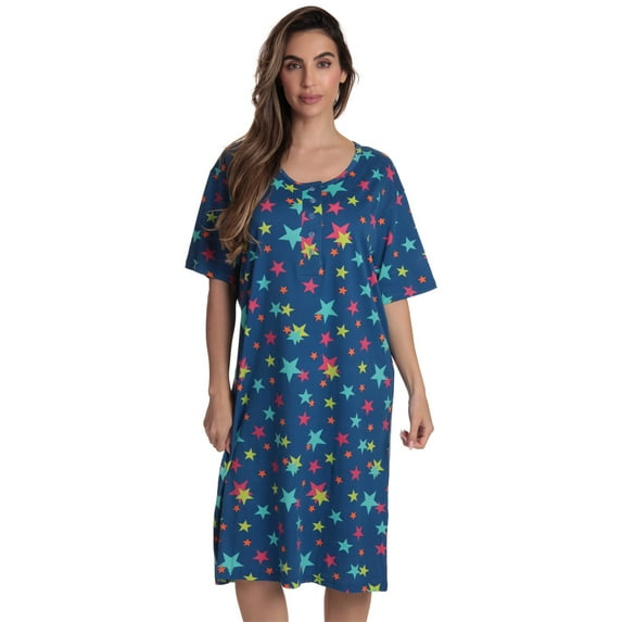 Just Love Short Sleeve Nightgown Sleep Dress for Women (Royal - Multi Stars, 2X)