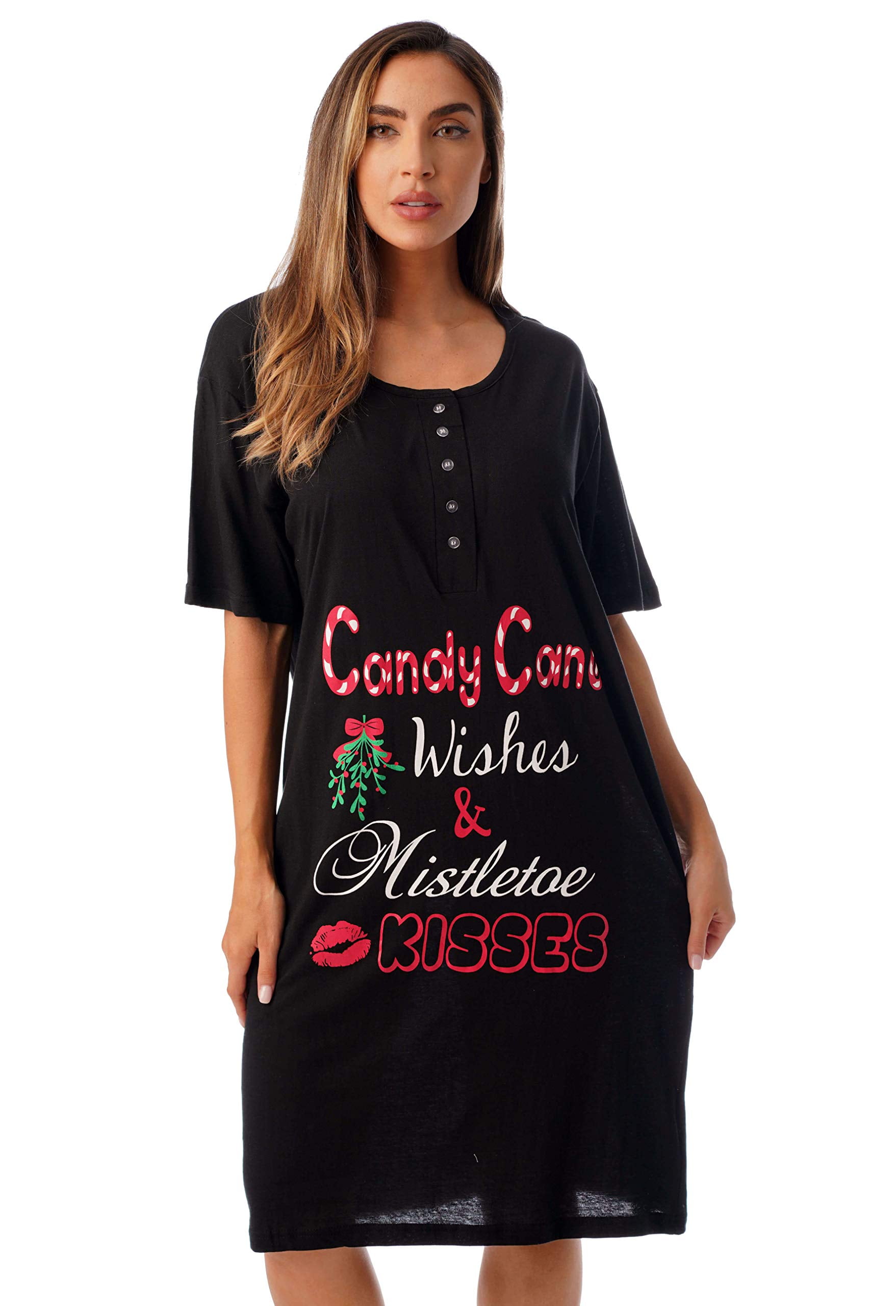 Just Love Short Sleeve Nightgown Sleep Dress For Women Sleepwear Black Candy Cane Wishes 