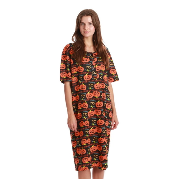 Just Love Short Sleeve Nightgown Sleep Dress for Women Sleepwear (Black - Halloween Pumpkins, 3X)