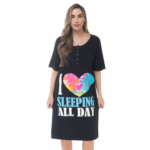 Just Love Short Sleeve Nightgown Sleep Dress for Women Sleepwear (Black - I Love Sleeping All Day, 2X)