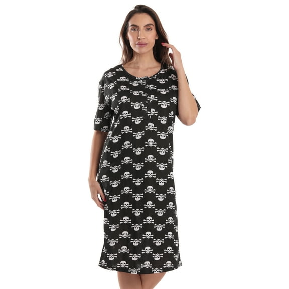 Just Love Short Sleeve Nightgown Sleep Dress for Women Sleepwear (Black - Skull Crossbones, 2X)