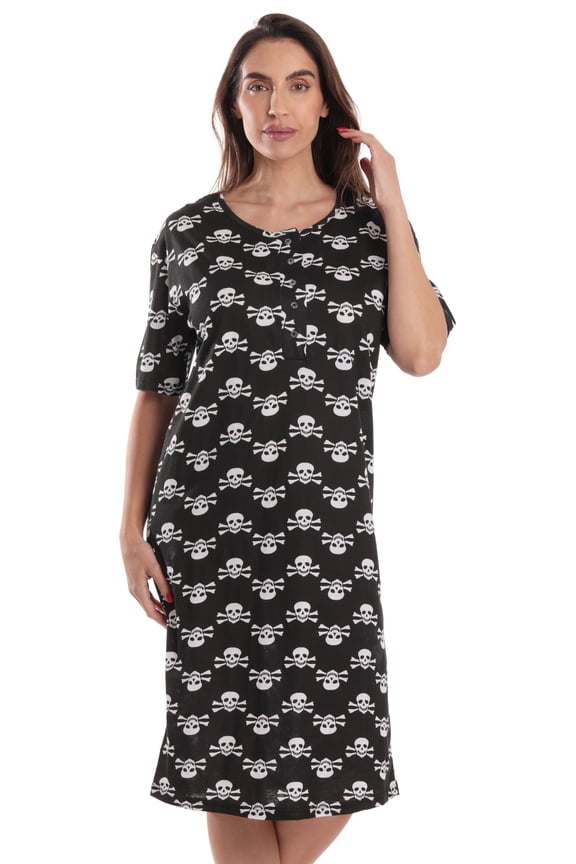Short Sleeve Nightgown Sleep Dress for Women Sleepwear (Black - Skull Crossbones, 2X)