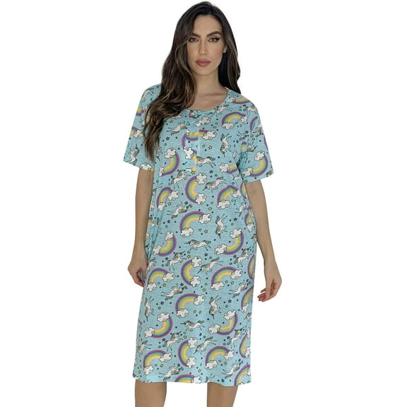 Just Love Short Sleeve Nightgown Sleep Dress for Women Sleepwear (Blue - Unicorns and Rainbows, X-Large)