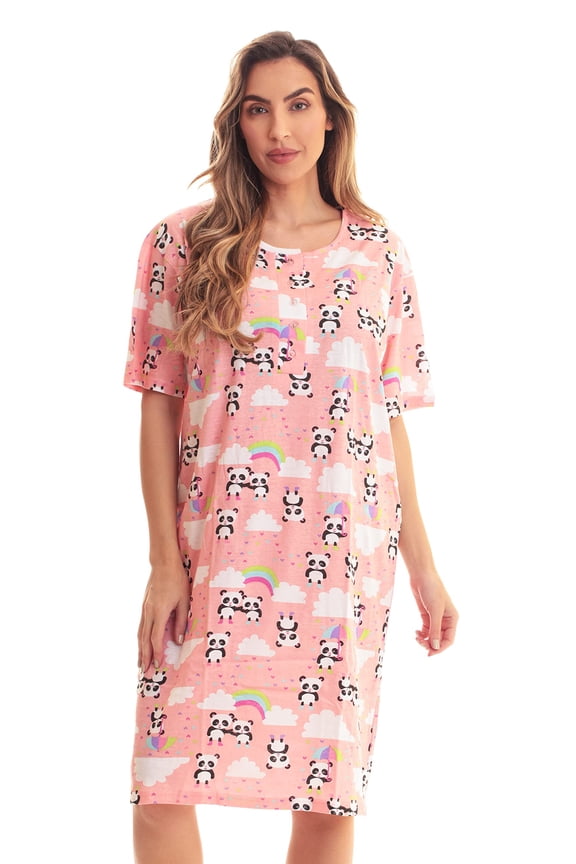 Short Sleeve Nightgown Sleep Dress for Women Sleepwear (Coral - Panda in the Rain, 2X)