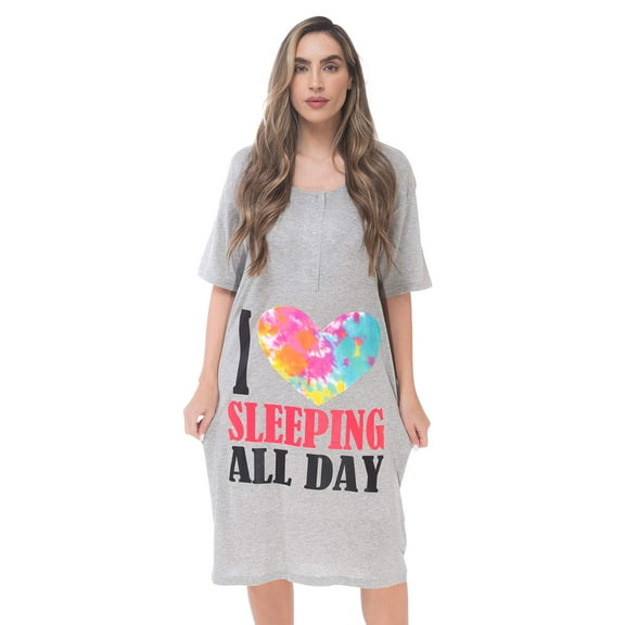 Just Love Short Sleeve Nightgown Sleep Dress for Women Sleepwear (Grey - I Love Sleeping All Day, 3X)