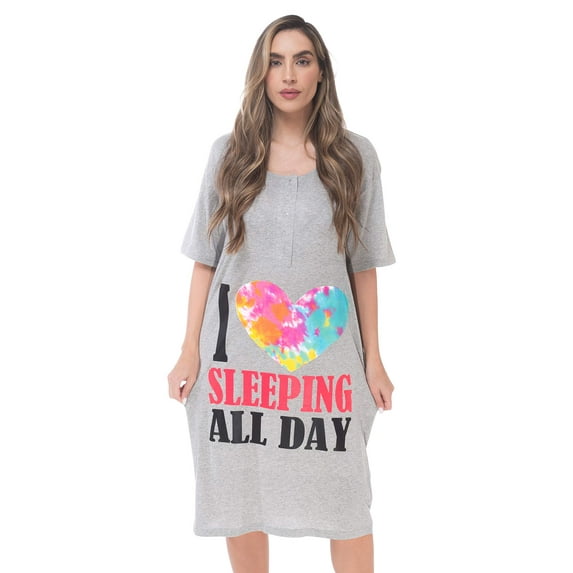 Just Love Short Sleeve Nightgown Sleep Dress for Women Sleepwear (Grey - I Love Sleeping All Day, X-Large)