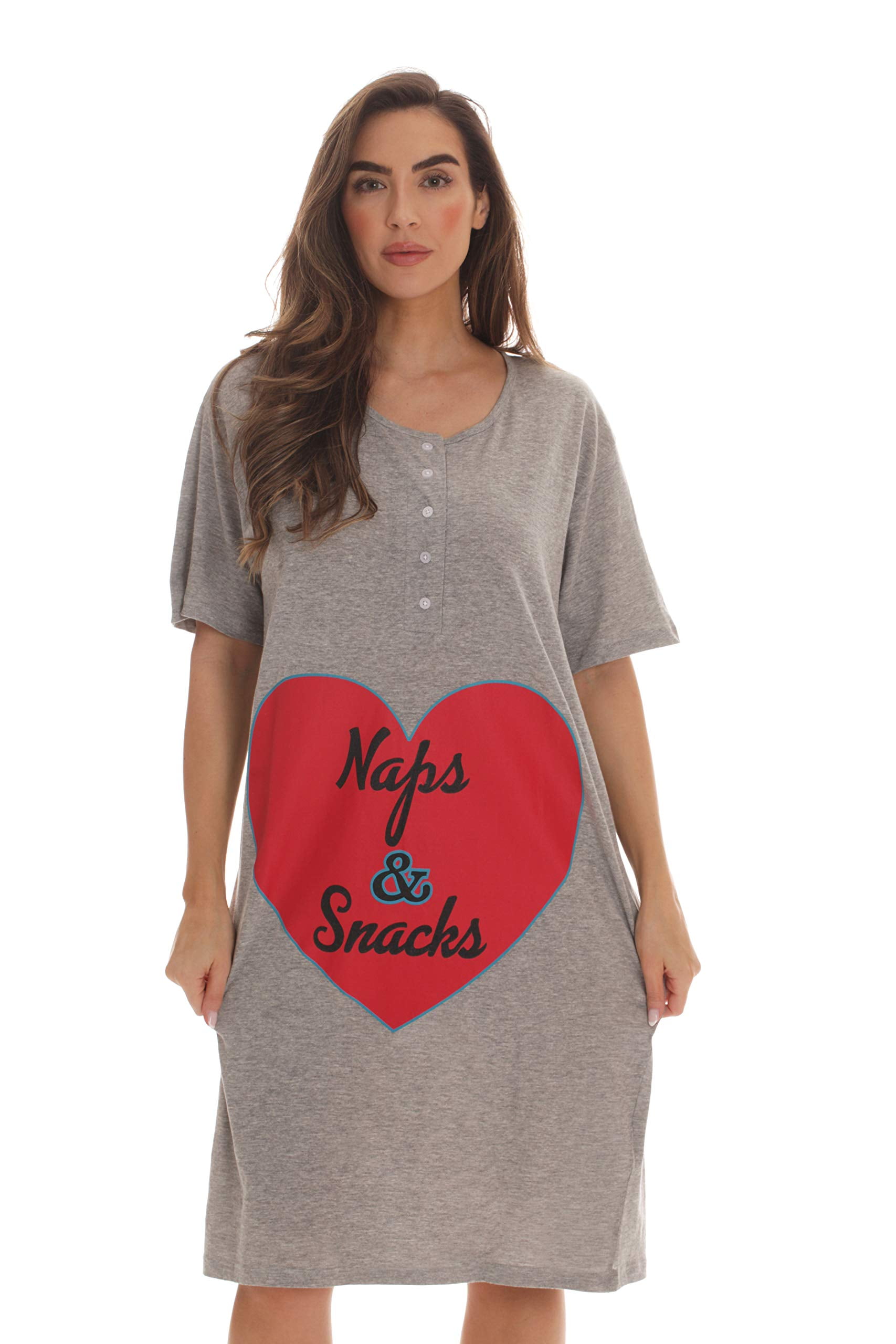 Just Love Women's 100% Cotton Baseball Sleeve Sleep Dress - Grey Nightshirt, Size Small