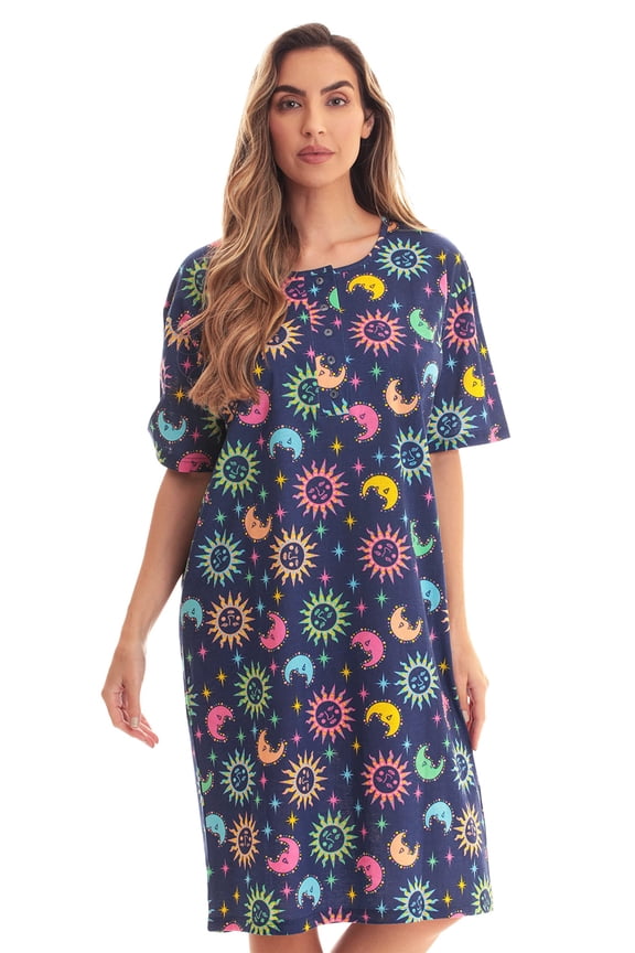 Short Sleeve Nightgown Sleep Dress for Women Sleepwear (Navy - Sun and Moon, Small)