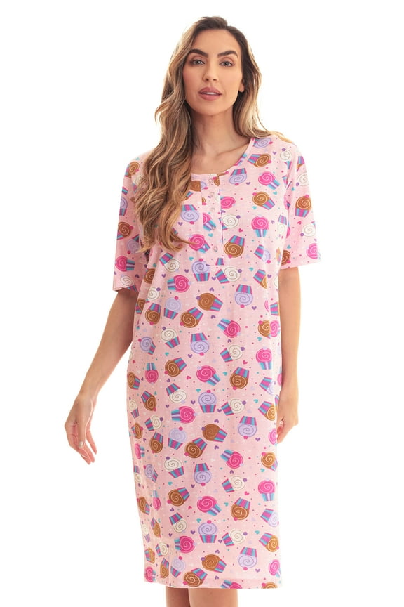Short Sleeve Nightgown Sleep Dress for Women Sleepwear (Pink - Cupcake Pop, Large)