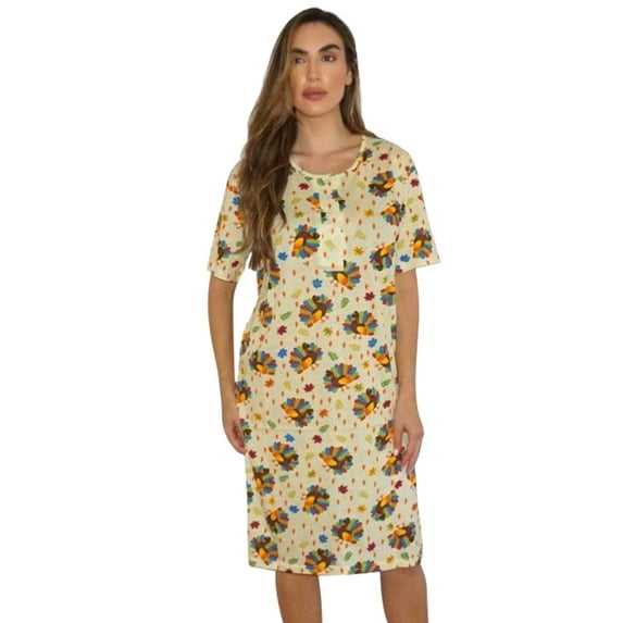 Just Love Short Sleeve Nightgown Sleep Dress for Women Sleepwear (Tan - Autumn Turkeys, Small)