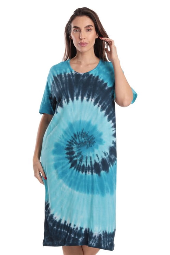 Short Sleeve Nightgown Sleep Dress for Women Sleepwear (Tie Dye Blue Swirl Without Buttons, Large)