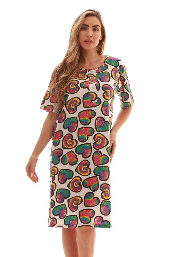 Short Sleeve Nightgown Sleep Dress for Women Sleepwear (Tie Dye Tossed Hearts, 3X)
