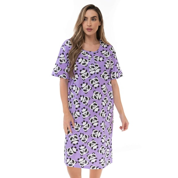 Just Love Short Sleeve Nightgown Sleep Dress for Women Sleepwear (Tossed Pandas Purple, Large)