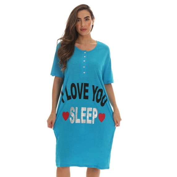 Just Love Short Sleeve Nightgown Sleep Dress for Women Sleepwear (Turquoise - I Love You Sleep, X-Large)
