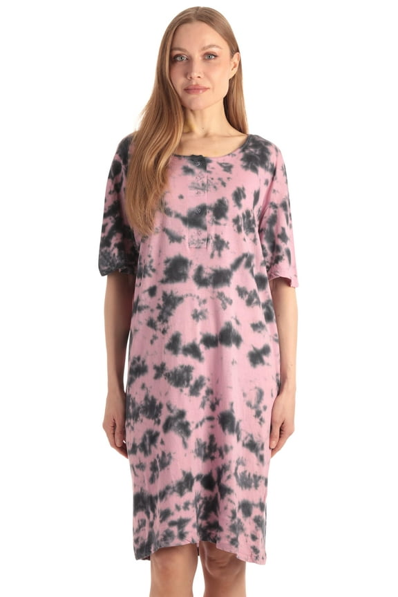 Short Sleeve Nightgown Sleep Dress for Women (Tie Dye Black Pink, 3X)