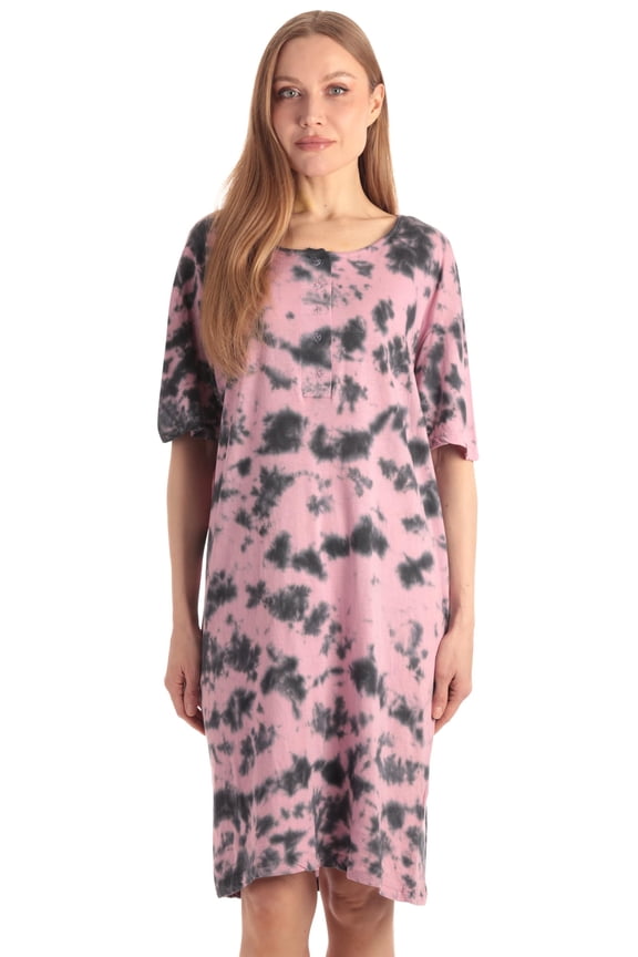 Short Sleeve Nightgown Sleep Dress for Women (Tie Dye Black Pink, 5X)