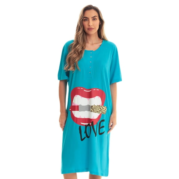 Just Love Short Sleeve Nightgown Sleep Dress for Women (Turquoise - Lipstick Love, 3X)