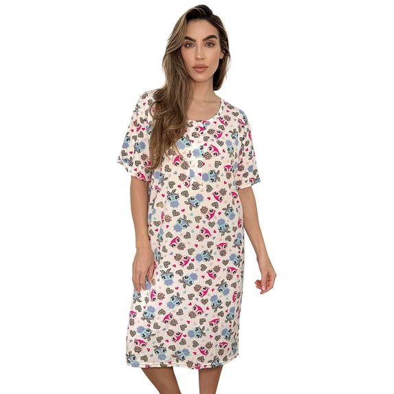 Just Love Short Sleeve Nightgown Sleep Dress for Women (White - Leopard Owls, Medium)