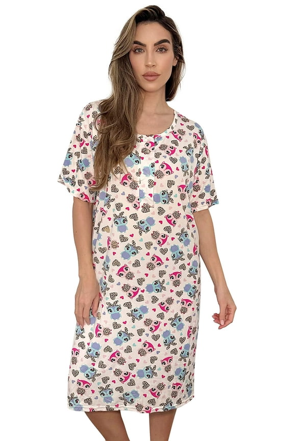 Short Sleeve Nightgown Sleep Dress for Women (White - Leopard Owls, Small)