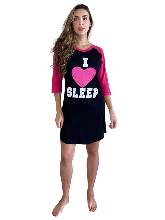 Sleep Dress for Women / Sleeping Shirt / Nightshirt (Black - I Heart Sleep, Small)