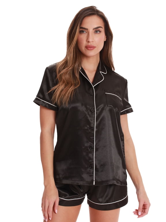 Solid Satin Pajama Short Set for Women Sleepwear PJs (Black / Ivory, 3X)
