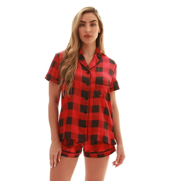 Just Love Solid Satin Pajama Short Set for Women Sleepwear PJs (Red Black Buffalo Plaid, Small)