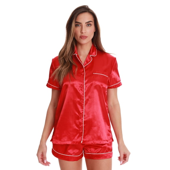 Just Love Solid Satin Pajama Short Set for Women Sleepwear PJs (Red / Ivory, Medium)