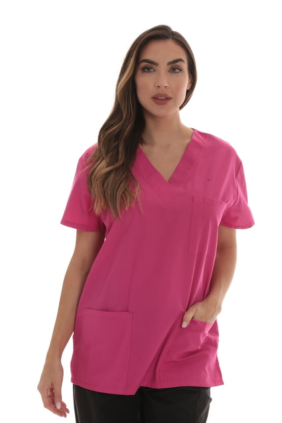 Solid Scrub Top for Women with Pockets and V-Neck - Comfortable and Professional Medical Uniform (Hot Pink, Medium)
