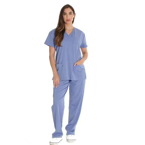 Just Love Solid Stretch Scrub Set for Women Stretchy Mock Wrap Top and Cargo Pants (Large, Ceil Stretch Fabric)