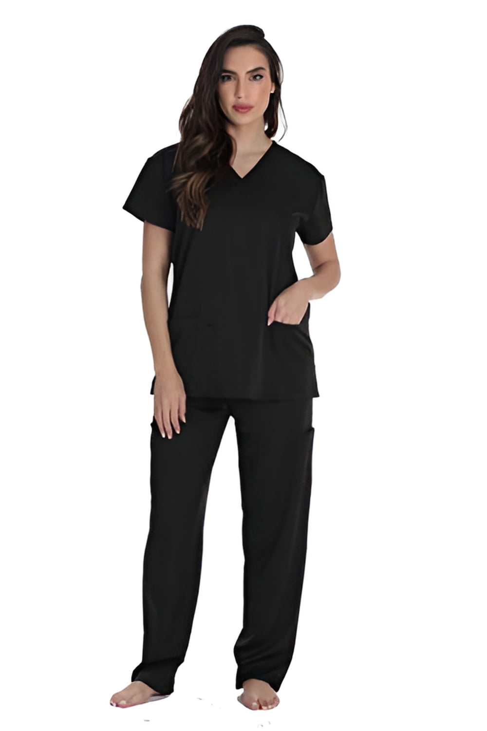 Just Love Solid Stretch Scrub Set for Women Stretchy Mock Wrap Top and Cargo Pants (Medium, Black Stretch Fabric)