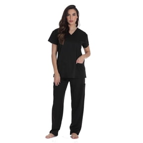 Just Love Solid Stretch Scrub Set for Women Stretchy Mock Wrap Top and Cargo Pants (Small, Black Stretch Fabric)