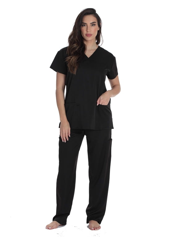 Solid Stretch Scrub Set for Women Stretchy Mock Wrap Top and Cargo Pants (Small, Black Stretch Fabric)