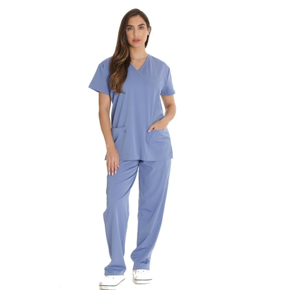 Just Love Solid Stretch Scrub Set for Women Stretchy Mock Wrap Top and Cargo Pants (Small, Ceil Stretch Fabric)