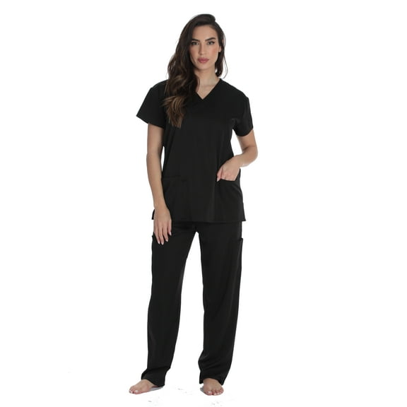 Just Love Solid Stretch Scrub Set for Women Stretchy Mock Wrap Top and Cargo Pants (X-Small, Black Stretch Fabric)